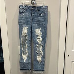 Judy Blue Distressed Straight Leg Jeans in Light Blue